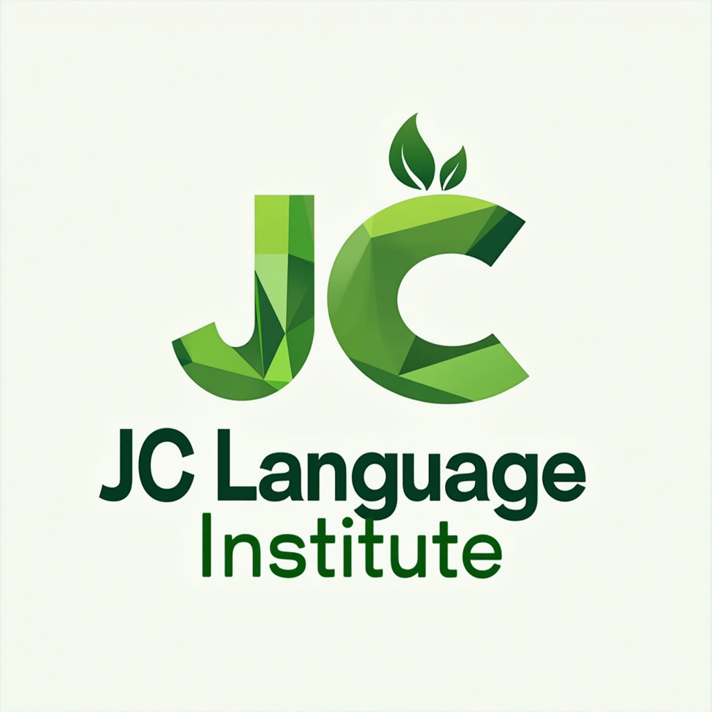 AI generated image by FLUX.1-pro: Estoy creando una empresa, el cual es un centro de idiomas pero virtual, pero me hace falta el logo. La empresa se llama "JC Language Institute", necesito que el logo juegue con el color verde