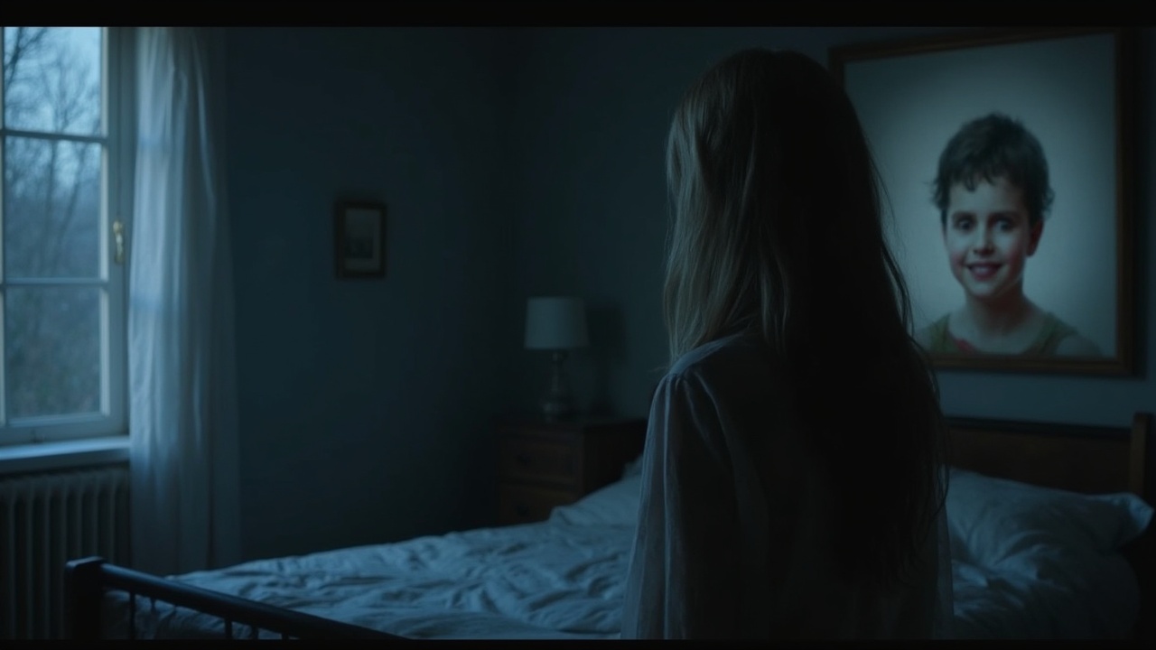 AI generated image by FLUX-Realism-Lora: An intense scene at night where the woman stands in her bedroom, paralyzed with fear, staring at the painting. Her face is illuminated by the moonlight streaming through a nearby window, while the painting’s boy seems to smirk slightly, his tears diminished. The atmosphere is suffocating, with cold, eerie tones dominating the image.