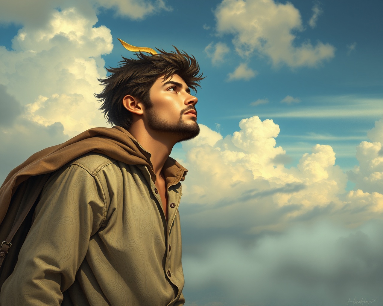 AI generated image by FLUX.1-schnell: creame la imagen de un HOMBRE soñador, siempre con la cabeza en las nubes, imaginando dragones y mundos fantásticos. una mujer, era práctica y decidida