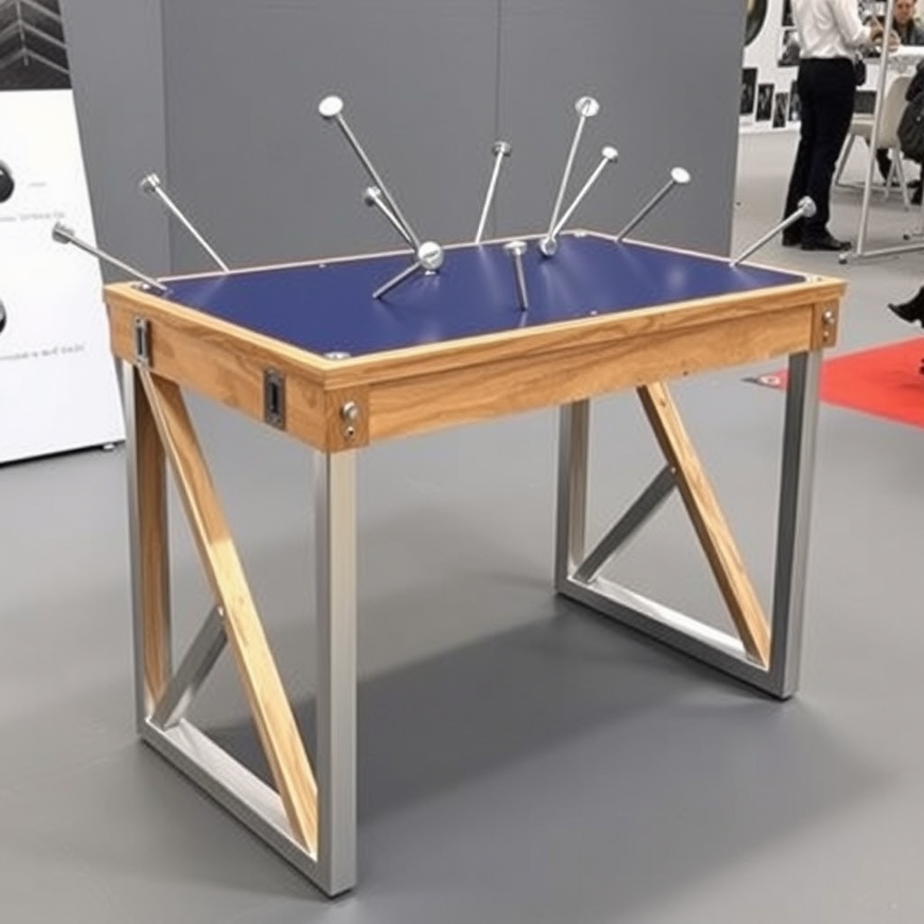 AI generated image by FLUX.1-schnell: crazy geometric sculpture made from a wooden tabletop with dark blue linoleum surface, aluminum extrusions, and stainless steel parts. its the eye catcher at a designer trade fair booth. Slight resemblance of a standing desk but with crazy parts pointing in all directions 