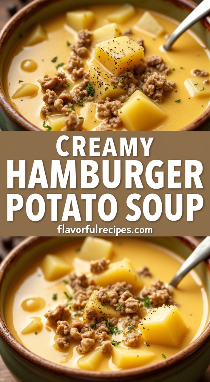 AI generated image by FLUX.1-pro: "Creamy Hamburger Potato Soup" in two inviting, close-up views, emphasizing the hearty and comforting nature of the dish. The soup is served in rustic bowls, filled with a creamy, golden-yellow broth made rich with melted cheese and cream. Large chunks of tender potatoes are generously dispersed throughout, their smooth surfaces glistening in the light. Crumbled ground beef adds a savory, meaty texture, blending harmoniously with the creamy base.
Freshly cracked black pepper and a sprinkle of finely chopped parsley are scattered across the surface, providing a touch of warmth and freshness to the presentation. The soup’s thick, velvety consistency is visible, with hints of cheese melting into the broth, enhancing its indulgent appearance.
A light brown banner in the center reads "Creamy Hamburger Potato Soup" in bold, white text, separating the two identical images. The natural lighting highlights the dish’s golden hues and creates an inviting, homey atmosphere, making the soup look like the perfect comfort food for a cozy day. with the website "flavorfullrecipes.com" at the bottom in a clean light bold, minimal font