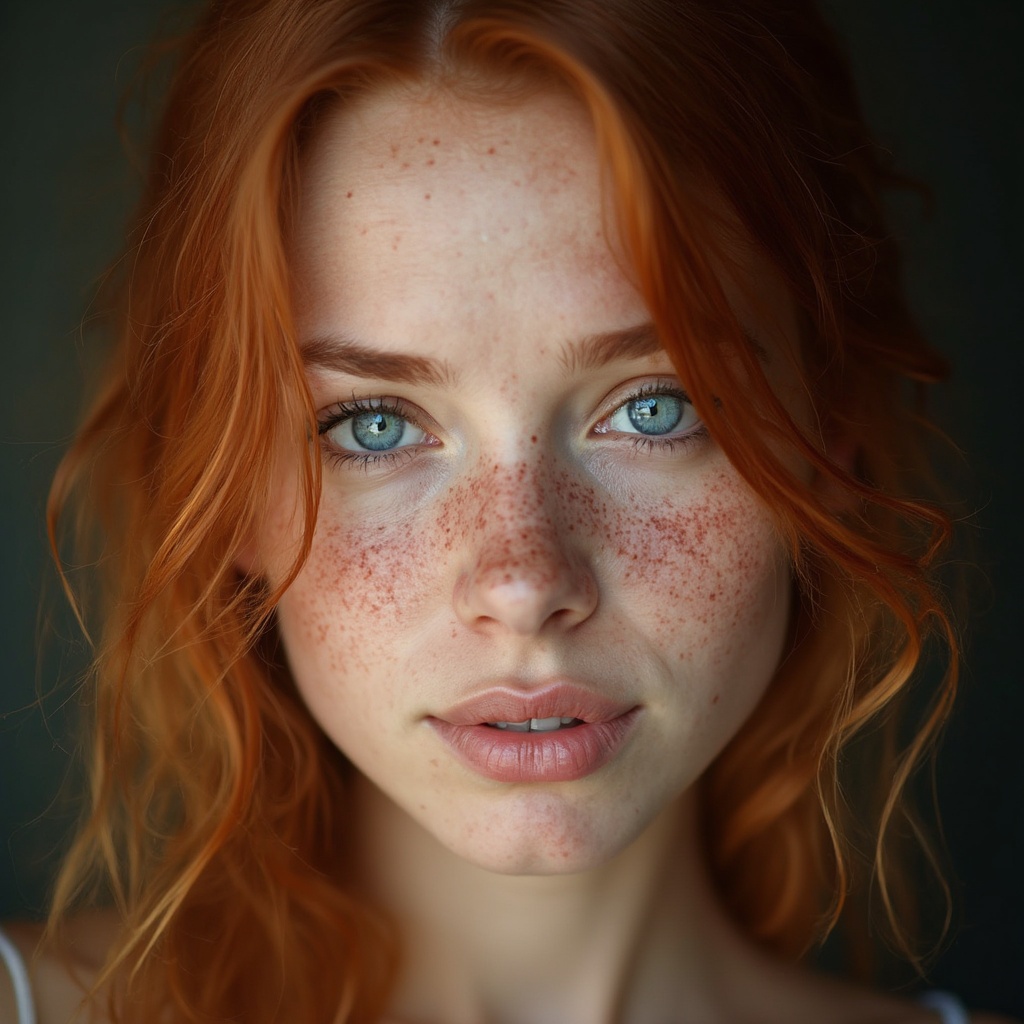 AI generated image by FLUX-Realism-Lora: Headshot of a beautiful woman with messy wet ginger hair.  Her features are delicate, soft freckles on her face and Persian blue eyes.  She seems Happy, maybe a little too happy, She is so happy, she looks creepy, it's unnatural, scarry but beautiful