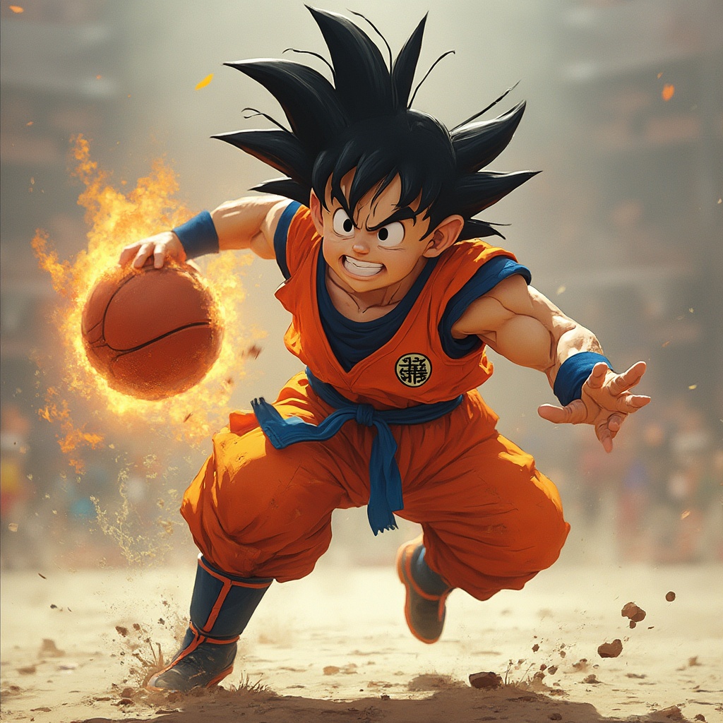 AI generated image by FLUX-Realism-Lora: goku con pelota de basquet
