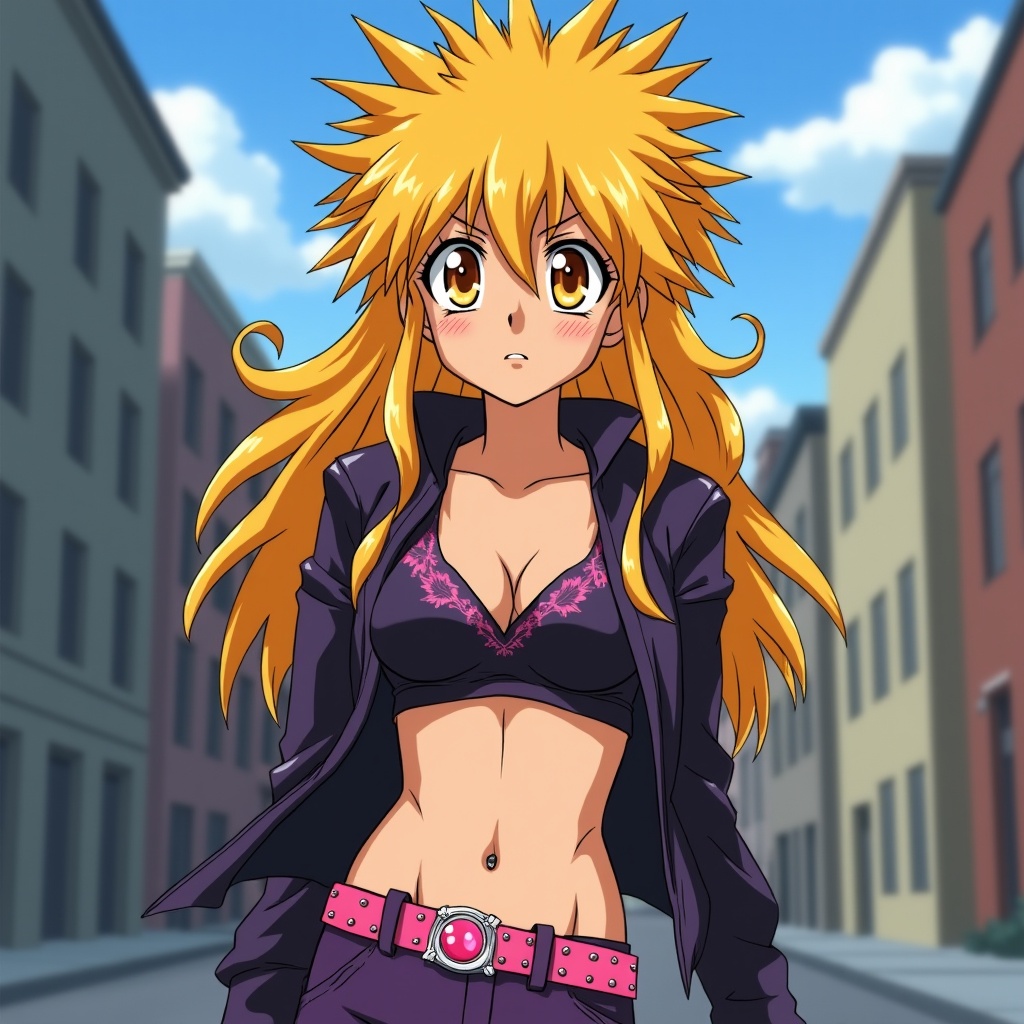 AI generated image by FLUX.1: Anime art by Kazuko Tadano, as gaogaigar character, 1997 anime style tv show screencap screenshot, golden orange eyes, big cartoonish eyes, golden yellow orange fallen grungy messy hair, big lionhair style, long messy spiky hair fringe bangs, tanned skin, purple black leather jacket, purple black leather pants, studded pink belt, black sport bra with pink and white designs, fit attractive femenine body with few muscular abs, woman, pink gem navel piercing, big femenine chest, city background, talking to you