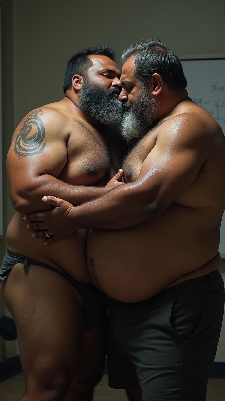AI generated image by FLUX.1: Danny who is a big pot bellied, obese, dark skinned, hairy, grey haired, lustful, macho, matured hairy dark Tamil alpha male math teacher with thick eyebrows, full plump lips, thick beard and very big beefy and muscular chests is holding Tommy, a stocky student. Danny and Tommy are having a secret affair after class. Both Danny and Tommy are completely naked without clothes on and wet all over. Tommy is caressing Danny's masculine, hairy, big, fat, dark skinned pot round belly with a big belly button. Danny's dark skinned big hairy belly has a big round belly button that is deep. Danny also has fat beefy thighs and big feet. Danny is hugging Tommy very close with both his big strong arms and is spitting a lot of wet strands of saliva with in Tommy's wide open mouth who is sticking his tongue out for Danny. The saliva runs down all over Danny's beard, his big hairy belly, thick thighs and his thick feet. Danny has a thick, erect penis with  low hanging scrotum which is drenched in saliva.