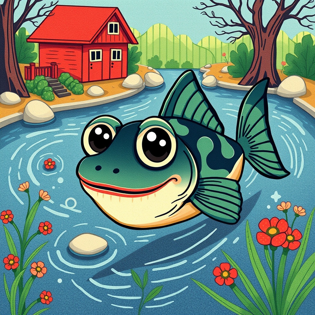 AI generated image by FLUX.1-schnell: Generate a delightful scene featuring a whimsical Viperfish with large, expressive eyes as the focal point, joyfully swimming through a decorated river, in a colorful woodblock print style. 