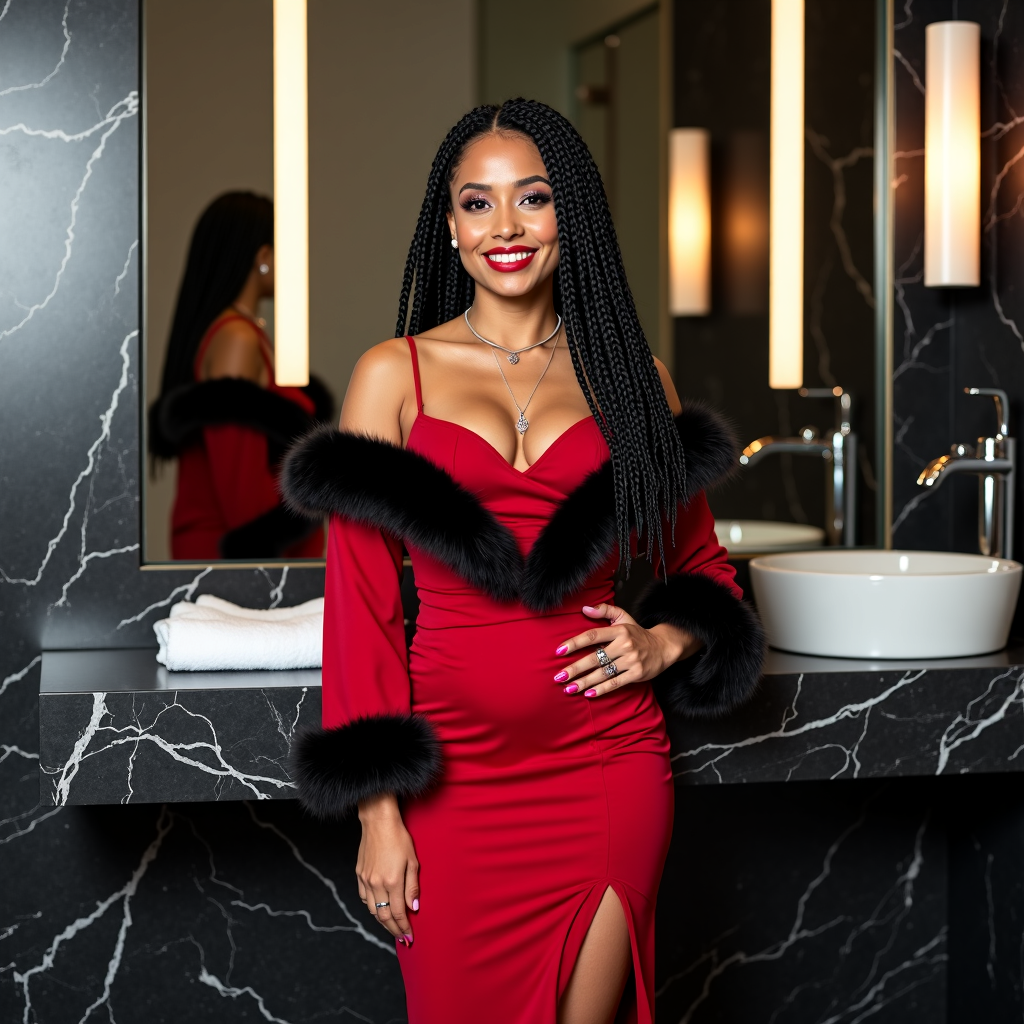 AI generated image by FLUX.1-pro: Full-Body vertical 9:16 of the main subject (the woman):
 The protagonist is a woman with light and luminous skin.  It has a happy and welcoming expression, fleshy lips with a large smile that shows white and perfect teeth.  His eyes are large, dark brown in color and very expressive, framed by cured eyebrows.  The hair is black and curled up with braids belonging to the head (Cornrows) that flows into longer braids.
 It is forming, toned and athletic, the décolleté widely forming and large.
 In summary:
 The image portrays a woman posing in a luxurious and modern bathroom.  The woman is the central figure and wears an elegant red dress, long and adherent.
 Clothing details:
 Dress: the dress is long-sleeved with the shoulders uncovered (off-the-show).  It has a deep heart neckline, embellished with a thick bordering of black fur, which is also repeated on the cuffs.  A deep side slit on the skirt lets you glimpse the leg.
 Accessories: the woman wears a thin necklace with a pendant and a ring on the right hand.  Next to her, on the bathroom shelf, a white bag is placed.
 Characteristics of the person and laying:
 The woman has long black hair with a cured makeup and looks directly towards the goal with a safe expression.
 It is standing, with one hand resting on the side and the other on the marble shelf.  His reflection is visible in the mirror behind him.
 Environment:
 The scene is set in a modern -looking bathroom or toilet, characterized by a large black marble shelf with gray veins, a built -in sink and chromed taps.
 The lighting is provided by vertical wall lamps, which create a warm and soft atmosphere.  At the bottom left there are folded white towels.
 Technical details:
 85mm lens, f/2.8 (Nikon D7500) for a slight blur in the background.  High resolution (8k, Uhd-Hdr).  Cinematic Lighting or editorial light.  ("Editorial Vogue fashion style"), "photojournalist".  "Ultra-realistic".  "Ultra-Dept".  Environmental lighting.