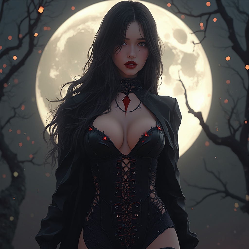 AI generated image by FLUX-Realism-Lora: a sexy woman in a halloween costume posing in front of a full moon, beautiful necromancer woman, artgerm 4 k, gothic maiden anime woman, beautiful woman, necromancer, artgerm on artstation pixiv, smooth anime cg art, vampire woman, realistic anime art style, 8 k highly detailed ❤🔥 🔥 💀 🤖 🚀, trending on artstation pixiv, realistic anime 3 d style, 3 d anime realistic, [ trending on cgsociety ]!!, trending on artstation hd, gothic woman, seductive anime woman, trending on artstation 4k, trending on artstationhq, detailed digital anime art, trending on artstationh