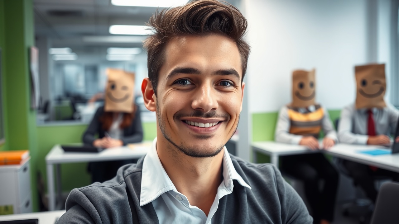 AI generated image by FLUX.1-schnell: a male person in an office on a desk with a smile. The office is colored in green at some areas. In the background are sitting 4 more persons on a  their own desks, their faces are covered with a paper bag with a funny smile written with a black pencil on it. They are sitting on separated desks in the background.
