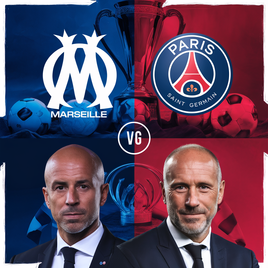 AI generated image by ideogram 2.0: Generate a poster for the French national derby between Marseille and Paris Saint Germain, requiring the appearance of head coaches Enrique and De Zerby