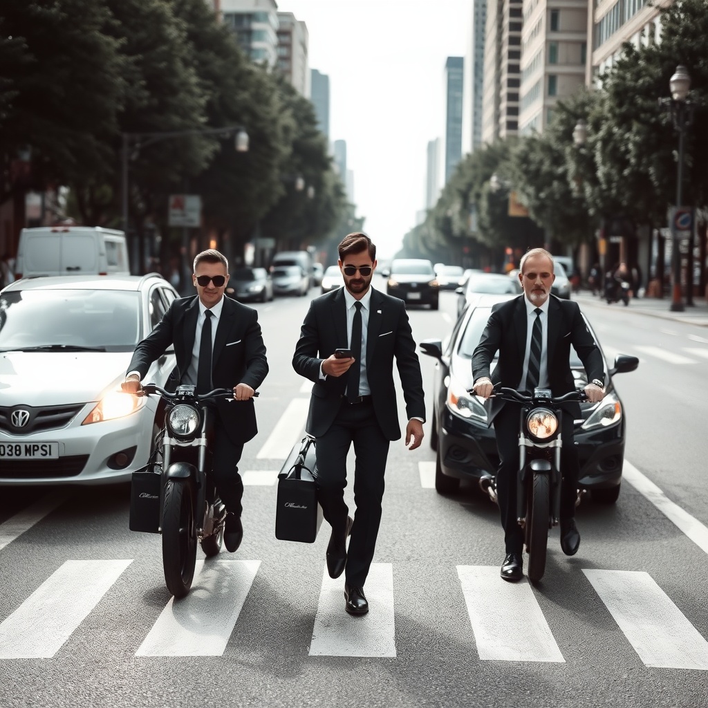 AI generated image by FLUX.1-schnell: A bisnismen in black woking down the stret