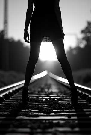 AI generated image by FLUX.1-image-to-image: The bnw silhouette of a woman's wide spreaded legs stands on railroad tracks.  A train spotlight from the background shines between her legs.