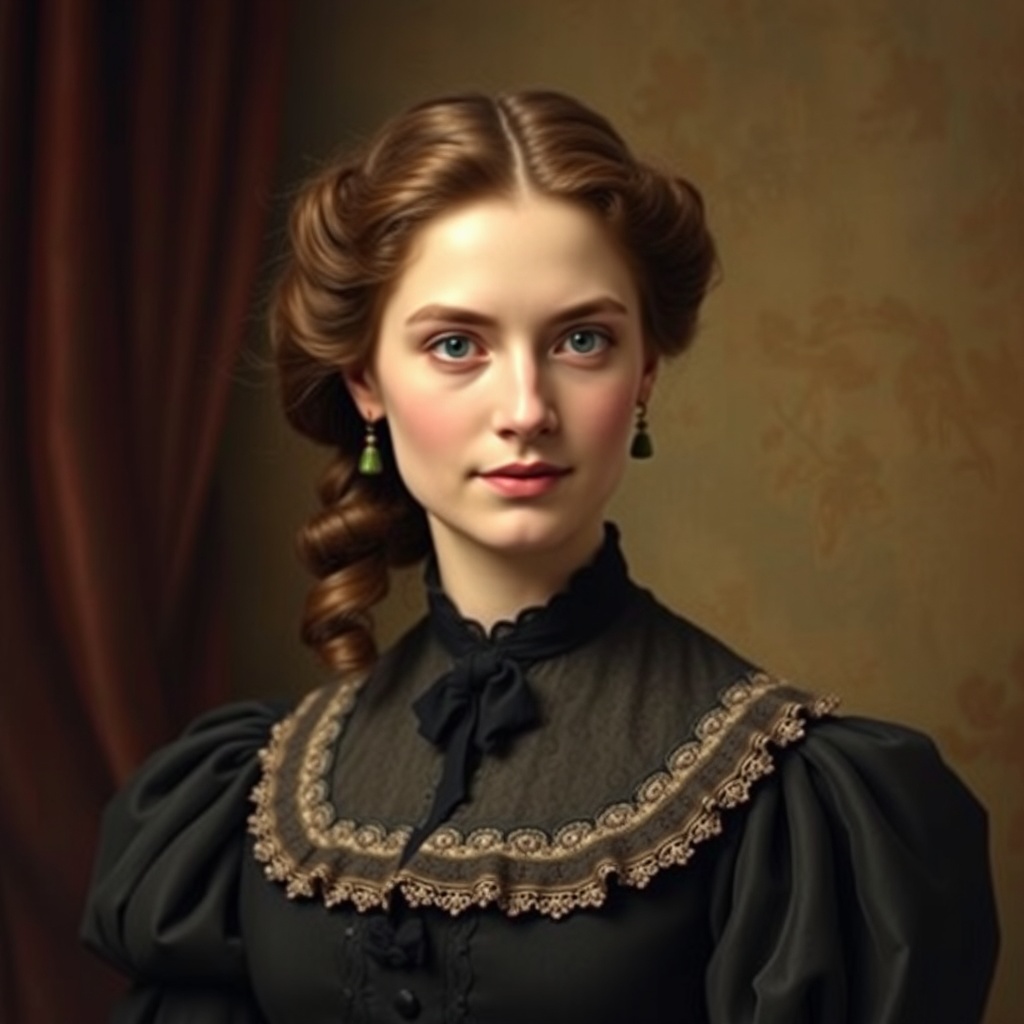 AI generated image by FLUX.1-schnell: Laura Merton is Hughie's beloved, described as beautiful and adored by him. She is the daughter of a retired colonel and shares Hughie's financial struggles. Despite her love for Hughie, their relationship faces obstacles due to her father's insistence on Hughie securing a substantial income before he can marry her. Laura's character represents the ideal Victorian woman, supportive and loving, but constrained by societal and familial expectations.