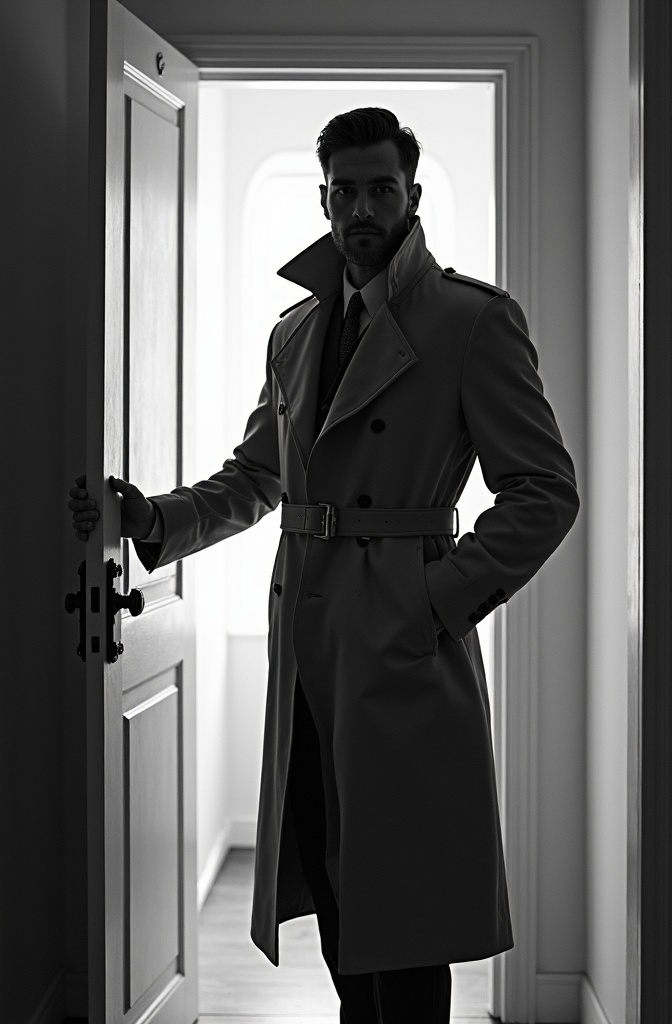 AI generated image by FLUX.1-image-to-image: black-and-white photo with the broad-shouldered silhouette of a man in a trench coat standing in a doorway coming in. 
The man holding the door handle, as if he just entered the room.

