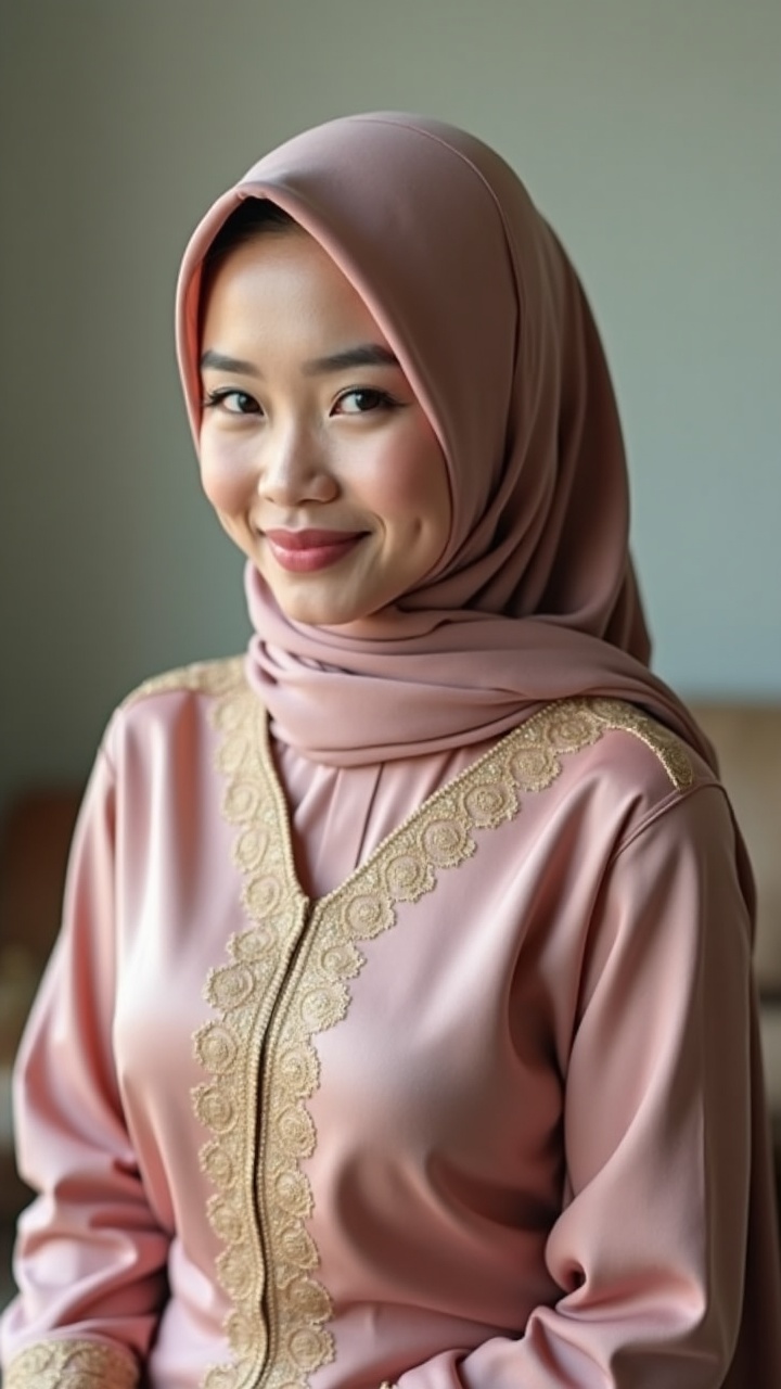 AI generated image by FLUX.1: A pretty Malay woman in her 30s.she wearing a plain hijab,traditional baju kebaya , This is a photo for her dating app profile