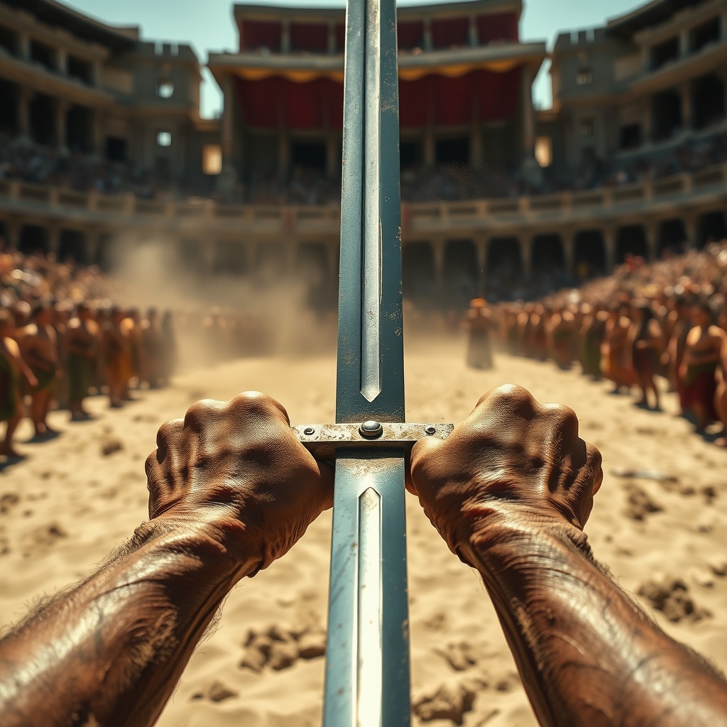 AI generated image by FLUX.1-schnell: 
"Ultra-realistic, 8K, cinematic first-person perspective during a gladiator battle in a Roman arena. The view is through the character’s own eyes, with strong, weathered hands gripping a sword tightly. Bare feet are visible on the sandy ground, with dust and dirt kicking up around them. The angle must strictly remain in first-person, avoiding any third-person or wide-angle shots. The intensity of the scene is captured with the sword in motion, blurred crowds in the background, and the harsh natural sunlight casting sharp shadows. HDR lighting highlights every gritty detail, delivering a truly immersive and dynamic perspective."


