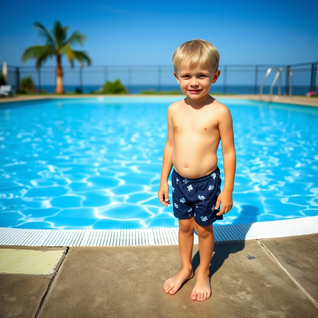 AI generated image by FLUX.1-schnell: 10 year old blond boy barefoot in swimsuit standing next to swimming pool