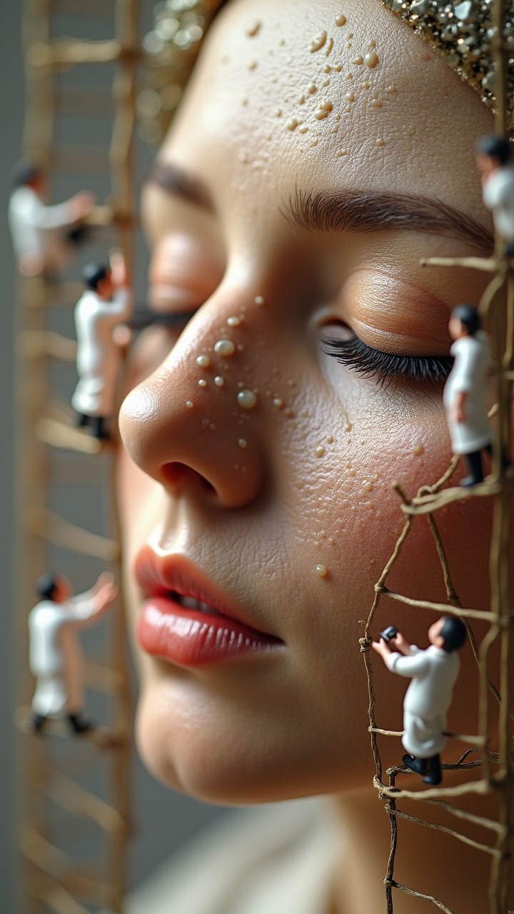 AI generated image by FLUX.1: "A photorealistic macro shot of tiny workers wearing ‘Kimia Hatami’ white shirts, positioned on scaffolding, carefully filling deep wrinkles as if restoring an ancient monument. Some inject collagen-rich formulas, while others smooth out fine lines using delicate micro-rollers. The skin appears aged and sagging, showing visible texture and deep creases. The workers are focused but still have a lot to fix. Ultra-detailed textures, extreme macro realism, cinematic lighting."

