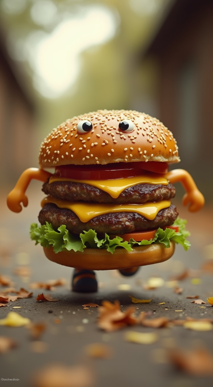 AI generated image by FLUX.1-pro: create an image of a burger who is running in fron of a hungry fat kid