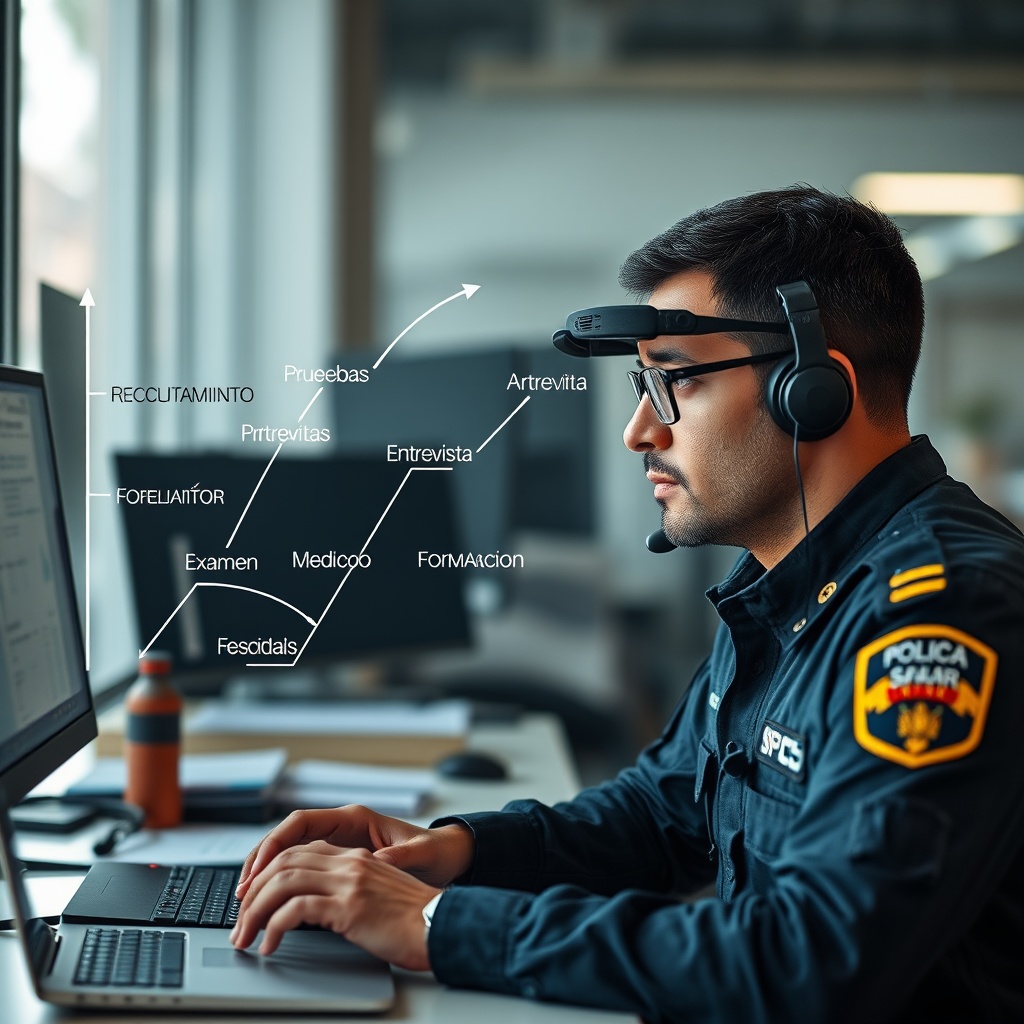 AI generated image by FLUX.1-schnell: "Cree una imagen donde un policia analista de datos esté trabajando en una estación de trabajo, con un grafo dirigido de fondo. El grafo debe representar una ruta de selección de personal para la Policía Nacional de Colombia. En el grafo, se deben visualizar nodos que representen diferentes etapas del proceso de selección, como 'Reclutamiento', 'Pruebas Físicas', 'Entrevista', 'Examen Médico', y 'Formación'. Las aristas dirigidas deben mostrar el flujo de una etapa a otra, indicando la secuencia del proceso. El analista de datos debe estar observando el grafo con atención, posiblemente utilizando herramientas de análisis de datos en su pantalla, policia nacional de colombia."