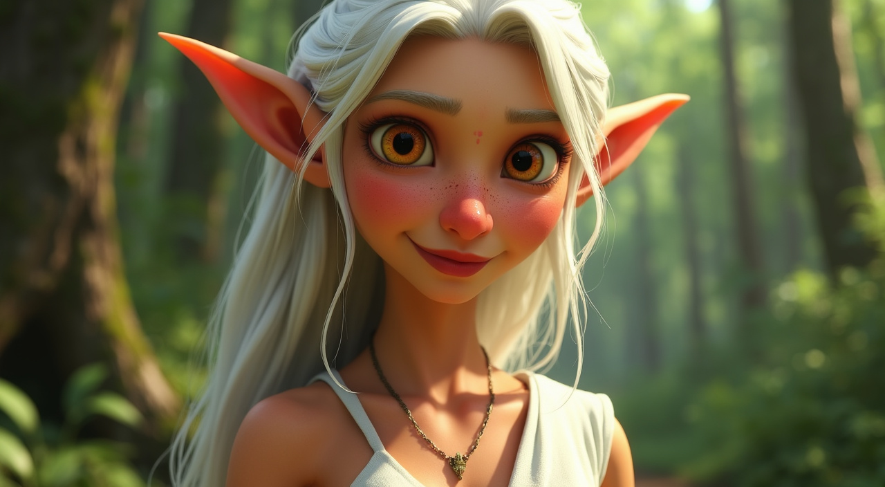 AI generated image by FLUX.1-pro: Create an Pixar image of a beautiful elf girl, full body shot, 30 years old, painted lips, Focused on the face, tanned skin, golden eyes, pointed ears, long white hair, gigantic nose, dressed in a white chiton, forest, full length, Realism --ar 9:16 -- stylize 750 --v 6, HD, 4K