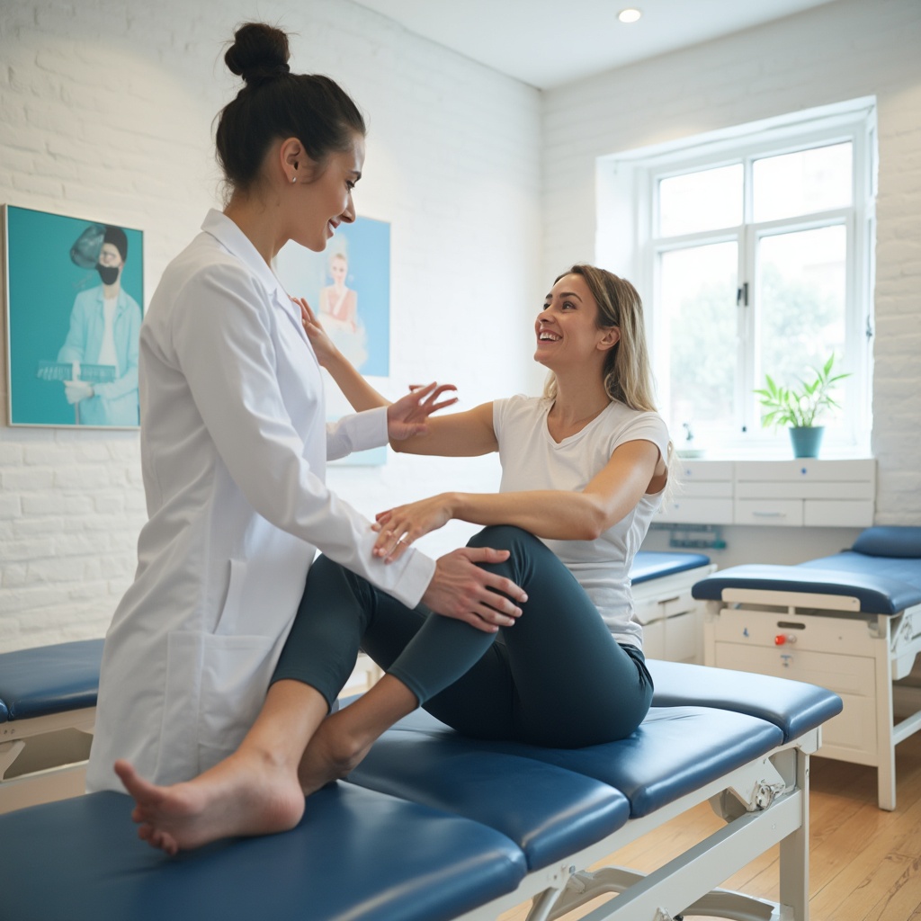 AI generated image by FLUX-Realism-Lora: A physiotherapist assisting a patient during a physical therapy session in a modern clinic. The therapist, wearing a white medical coat, helps an adult patient stretch their leg on a treatment table. The setting includes clean, bright interiors with medical posters, gym equipment, and a calm, professional atmosphere
