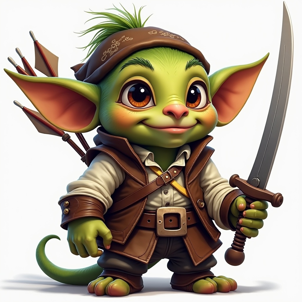 AI generated image by FLUX.1-image-to-image: A fantastic goblin-like character with detailed hands and fingers, cute and funny in a pirate costume with a white shirt, brown vest and a large belt with a buckle, holding a sword and with a quiver of arrows on his back