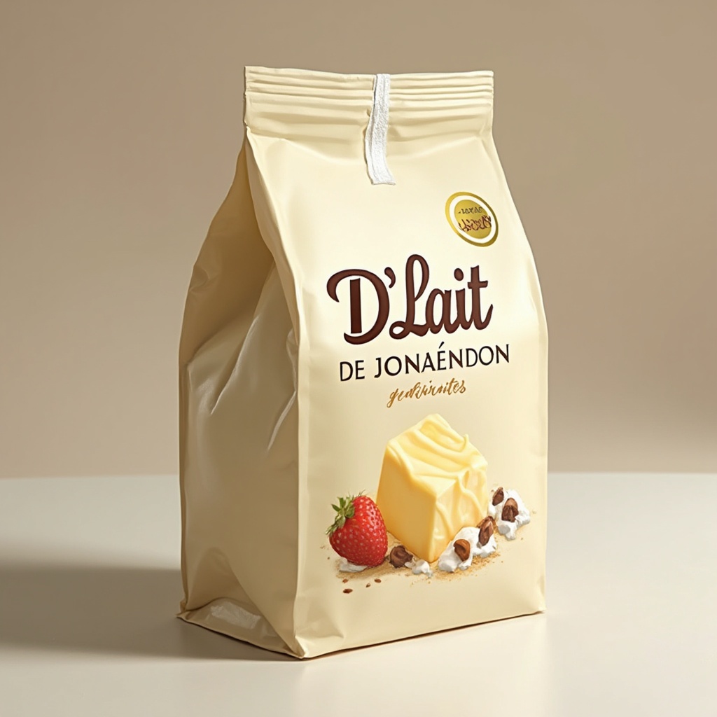 AI generated image by FLUX-Realism-Lora: Hazme una imagen de un bolsa de empaque para un queso de la marca de una procesadora de leche llamada "D'Lait". Que sea elegante y se vea el queso realista.