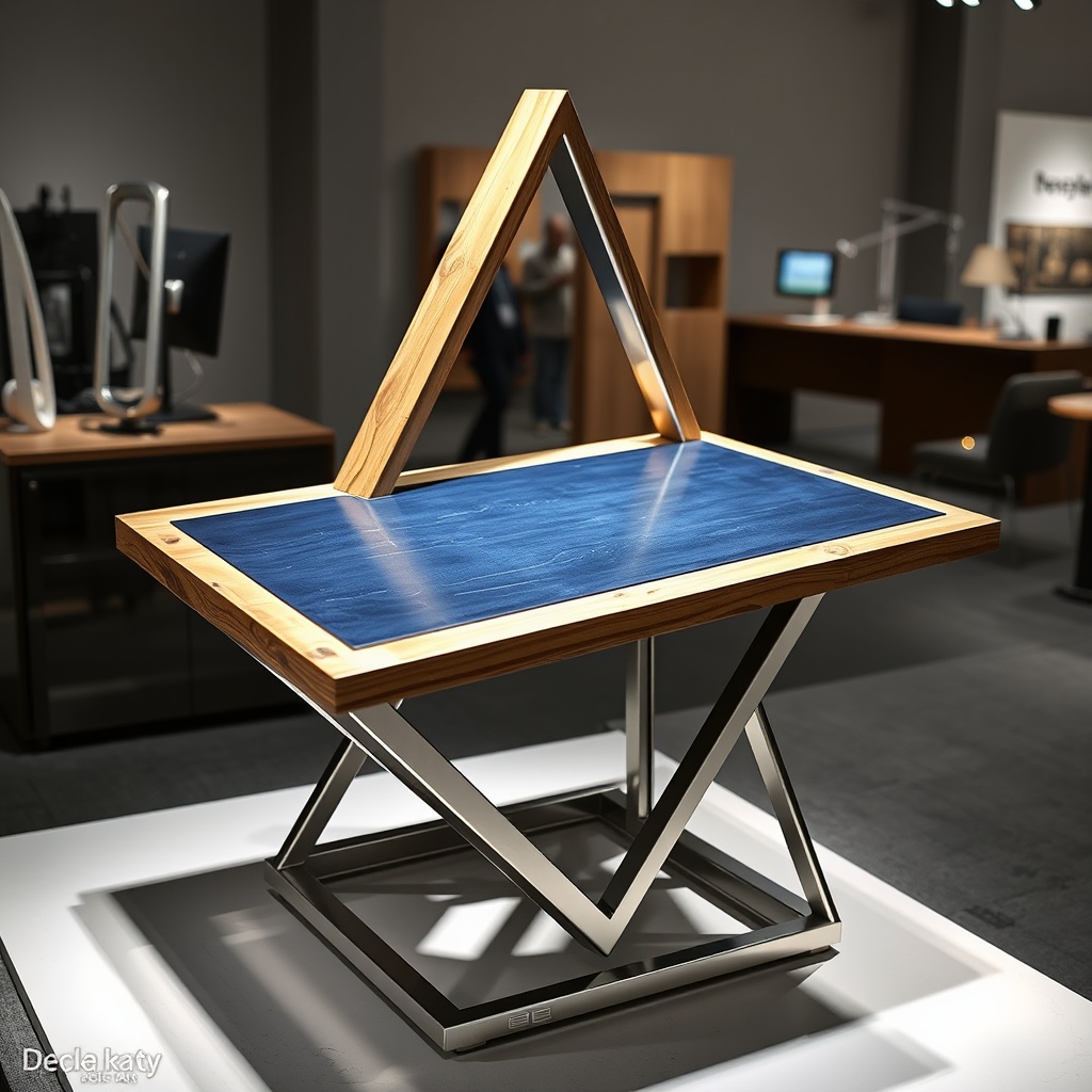 AI generated image by FLUX.1-schnell: crazy geometric sculpture made from a wooden tabletop with dark blue linoleum surface, aluminum extrusions, and stainless steel parts. its the eye catcher at a designer trade fair booth. Slight resemblance of a standing desk. professional photo soft lighting beauty shot