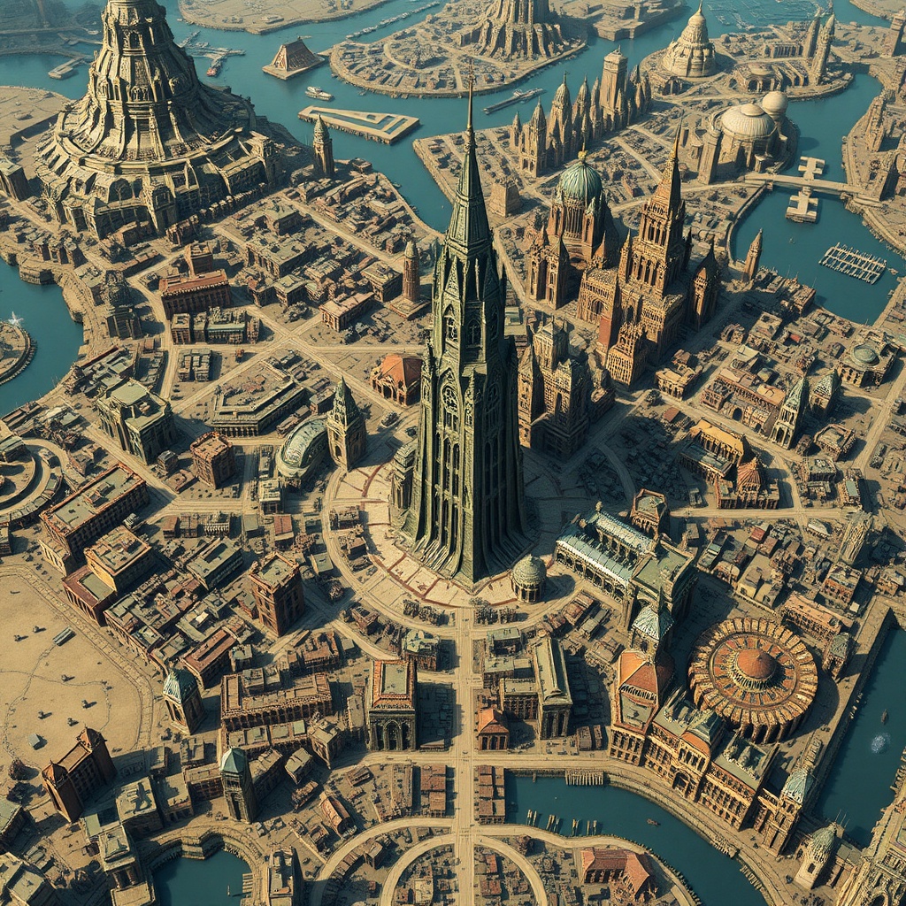 AI generated image by FLUX.1-schnell: TTRPG map of sprawling city with multiple social and economic districts. There should be a large onyx tower in the center.  Similar to maps made by WOTC.