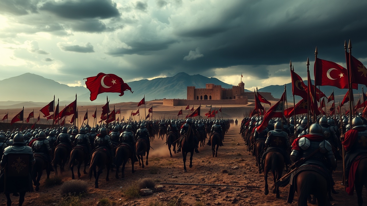 AI generated image by FLUX.1-schnell: A cinematic wide shot of a large, fortified medieval army gathering at the edge of the rugged, arid terrain. In the foreground, the banners of Nur ad-Din Zangi flutter in the wind, a dark, stormy sky overhead. In the distance, the heavily fortified city of Antioch stands, a beacon of strategic importance with its high stone walls and watchtowers. The army, clad in armor and mounted on horses, prepares to march toward the city, their faces determined. The mountains of modern-day Turkey and Syria serve as a looming backdrop. Dust rises from the ground as the tension builds.



A dramatic and intense battle scene unfolds on a vast, open plain under a stormy, blood-red sky. The powerful forces of Nur ad-Din Zangi, clad in gleaming armor, charge forward on horseback, their banners billowing in the wind. In the foreground, Christian knights in heavy armor retreat, their faces etched with fear and determination. The battlefield is strewn with the remnants of...



