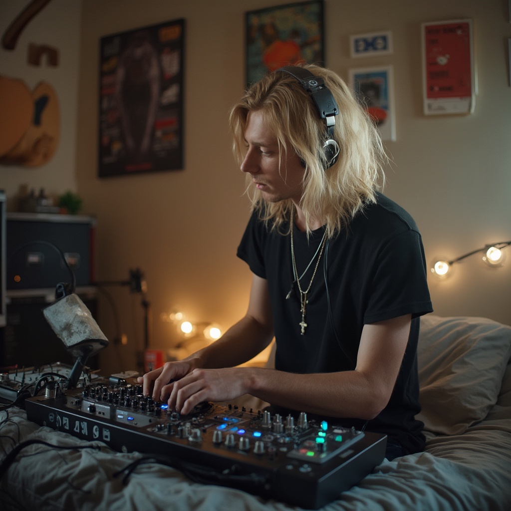 AI generated image by FLUX-Realism-Lora: Professional photo Young male blonde long hair rapper musician, mixing music on his Yamaha-mixer in his studio apartment bed, blurry background with music instruments, posters and apartment interior