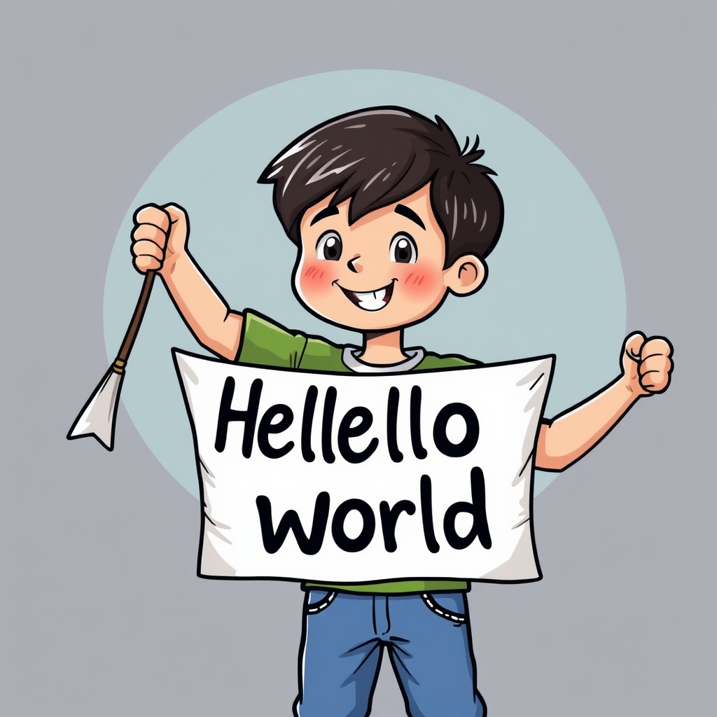 AI generated image by FLUX.1-schnell: A boy holding a banner with the text "Hello world" clip art style