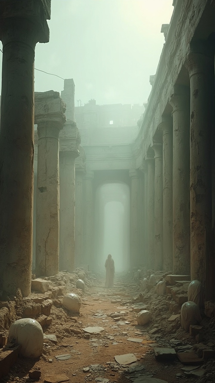 AI generated image by FLUX-Realism-Lora: "The Mystical Remains of the Library of Alexandria"
The ruins of the Library of Alexandria in a desolate, ancient city. Broken columns, crumbled walls, and scattered fragments of manuscripts are seen, with faint ghostly figures of ancient scholars lingering in the mist, symbolizing the lost knowledge and legends that remain.