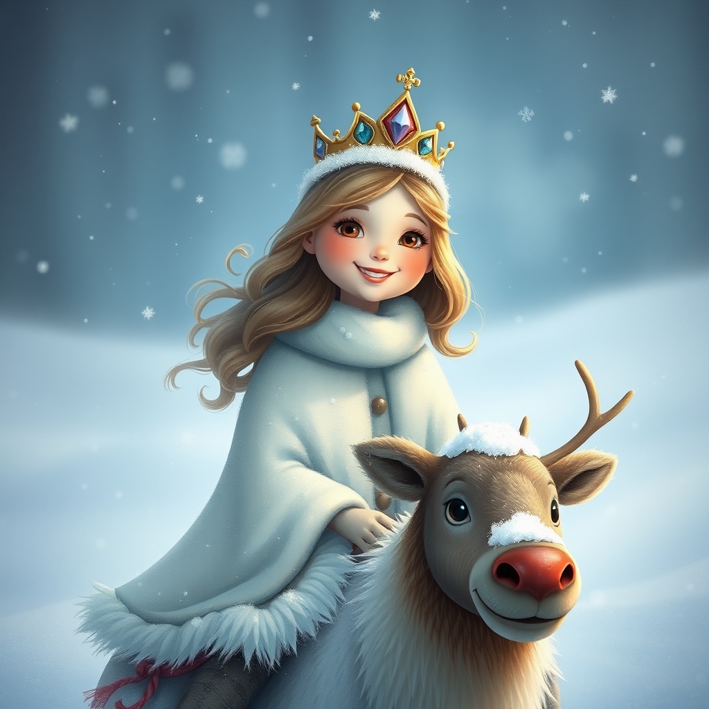 AI generated image by FLUX.1-schnell: happy snowqueen with crown on her head is sitting on a reindeer, style of Nicoletta Ceccoli