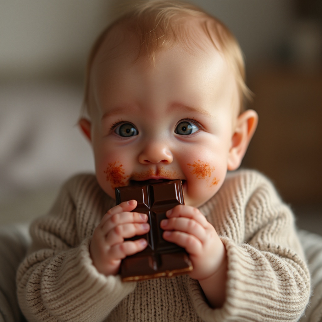 AI generated image by FLUX.1-pro: Ultra-realistic, hyper-detailed image of a chubby baby with soft, rosy cheeks and bright, curious eyes, holding a slightly melted chocolate bar in its tiny hands. The baby takes a small bite, leaving smudges of chocolate on its lips and fingers. The skin is smooth with natural pores and soft lighting enhances the warm, delicate texture. The scene is captured with a cinematic full-frame lens (50mm), creating a shallow depth of field with a softly blurred background. The setting is a cozy, neutral-toned indoor environment, illuminated by gentle, diffused natural light for a warm and inviting atmosphere. The chocolate bar has a glossy, rich texture, reflecting the light subtly, adding to the realism.