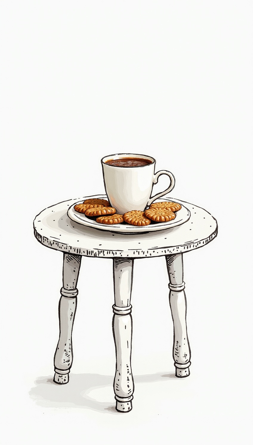 AI generated image by FLUX.1-image-to-image: Generate blue texture photo studio background and a small vintage table with a cup of coffee and biscuits on it close to the man