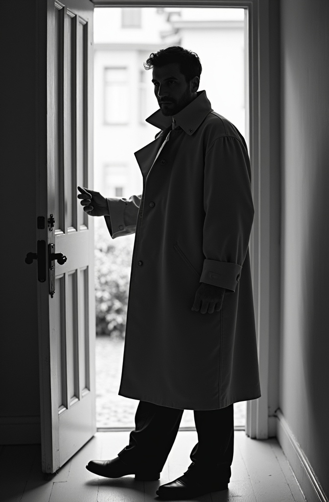 AI generated image by FLUX.1-image-to-image: black-and-white photo with the broad-shouldered silhouette of a man in a trench coat standing in a doorway coming in. 
The man holding the door handle, as if he just entered the room.

