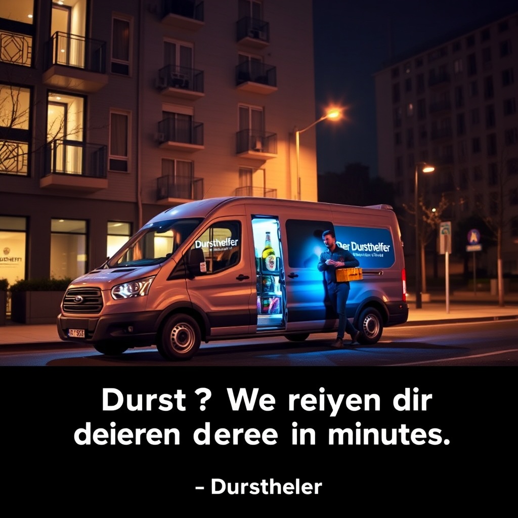 AI generated image by FLUX.1-schnell: A modern city street at night with a 'Dursthelfer' delivery van parked outside a well-lit apartment building. The van has a vibrant 'Der Dursthelfer' logo on it, and the delivery driver is holding a crate of beer, illuminated by the van's soft blue lights. The scene feels urban and convenient, suggesting fast delivery for late-night needs. The tagline reads: 'Durst? Wir bringen dir deinen Drink in Minuten – Dursthelfer.