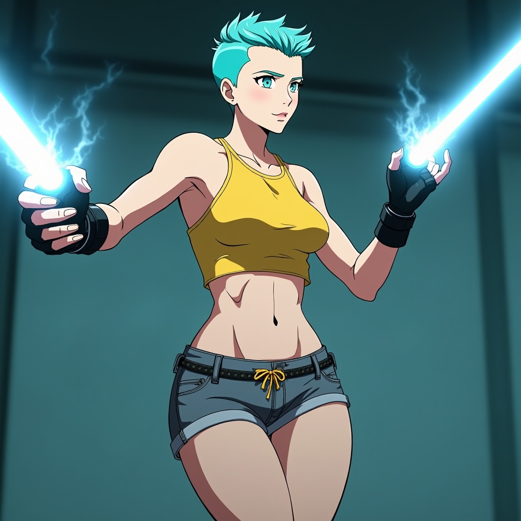 AI generated image by FLUX.1: Screengrab from 2022 Cyberpunk: Edgerunners anime series, Nikki a pale white female ripped cut muscle lady very strong legs with turquoise dyed undercut combed-over hairstyle icey blue eyes face resembles Natalie Dormer with full body pose wearing gloves with small lazers coming from the glove's fingertips wears yellow taut tanktop which reveals her sixpack abs and low-rise short grey denim shorts her feet are in black boots the boots have yellow bootlaces she is firing a series of lazers from her fingertips