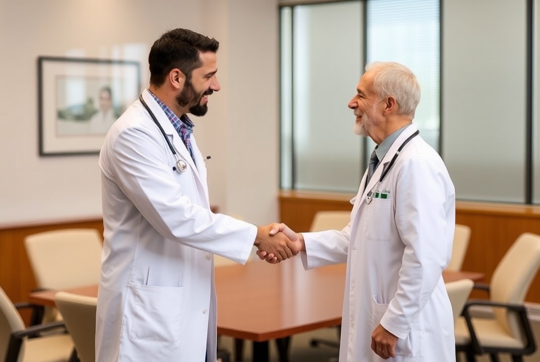 AI generated image by FLUX.1-schnell: Two doctors shaking hands in a conference room. 
