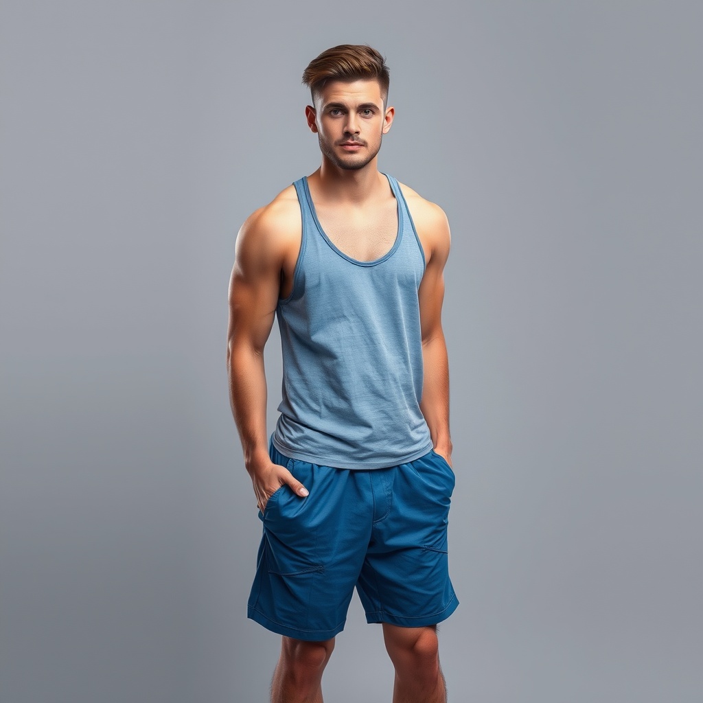 AI generated image by FLUX.1-schnell: Foto realista de cuerpo completo de un joven hombre de 30 años apuesto de piel blanco con el pelo de color negro peinado moderno ojos azules y barba bien cuidada lleva puesto una camisa mangas cortas azul claro y un shorts azul oscuro con un par de zapatillas deportivas de marcas.