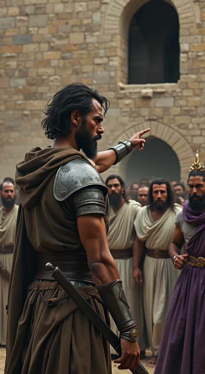 AI generated image by FLUX.1-pro: "Ultra-detailed 8K shot, Jehu, a 35-year-old man, weathered tan skin, messy black hair, trimmed beard, fierce dark eyes, worn leather armor, brown tunic, gleaming drawn sword, standing before a stone palace, pointing at a high window, Jezebel pushed by eunuchs in white tunics, nervous sweaty faces, Jezebel’s purple dress billowing, small golden crown wobbling, dark gray sky, swirling dust in the air, 9th century BC, tense cinematic style with hyper-realistic textures in skin, metal, and stone."