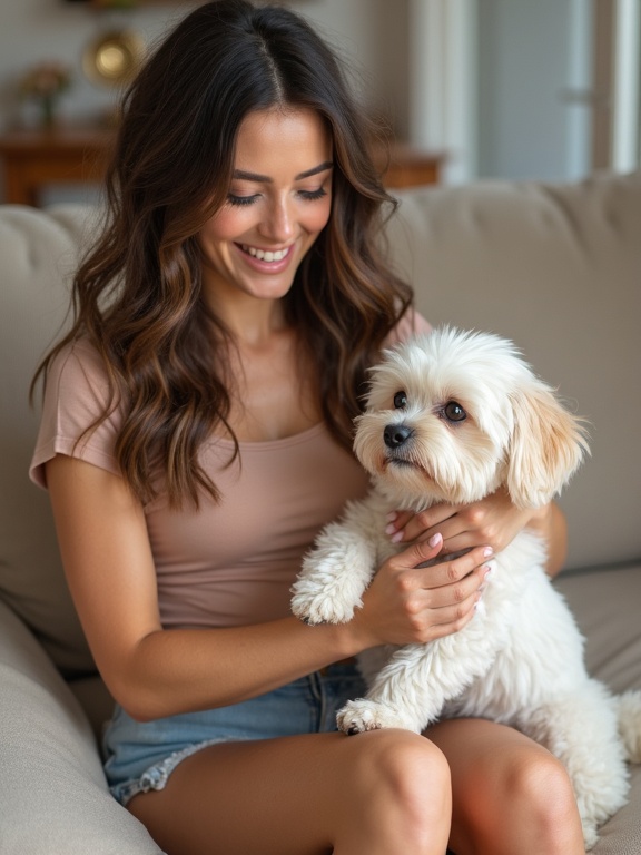 AI generated image by FLUX.1-image-to-image: same woman, consistent face, natural makeup, soft facial features, realistic skin texture, long hair, slim-curvy body, photorealistic,
small maltipoo dog, fluffy white apricot fur, same dog,

living room sofa, playing with dog, laughing candid moment, casual fitted top and short shorts, natural messy hair, warm soft light, lifestyle photography