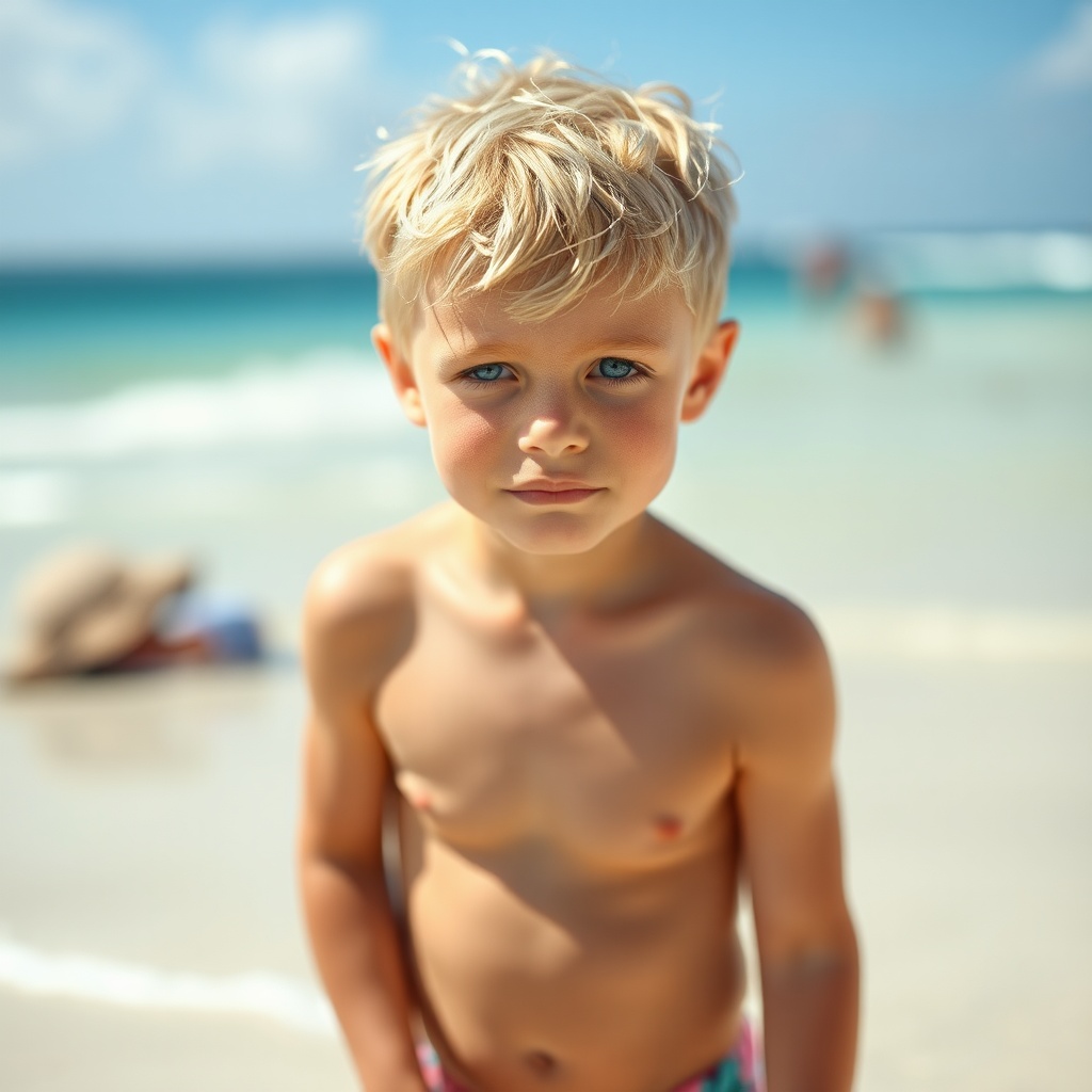 AI generated image by FLUX.1-schnell: garçon de huit ans blond aux yeux bleu en maillot de bain sur la plage
