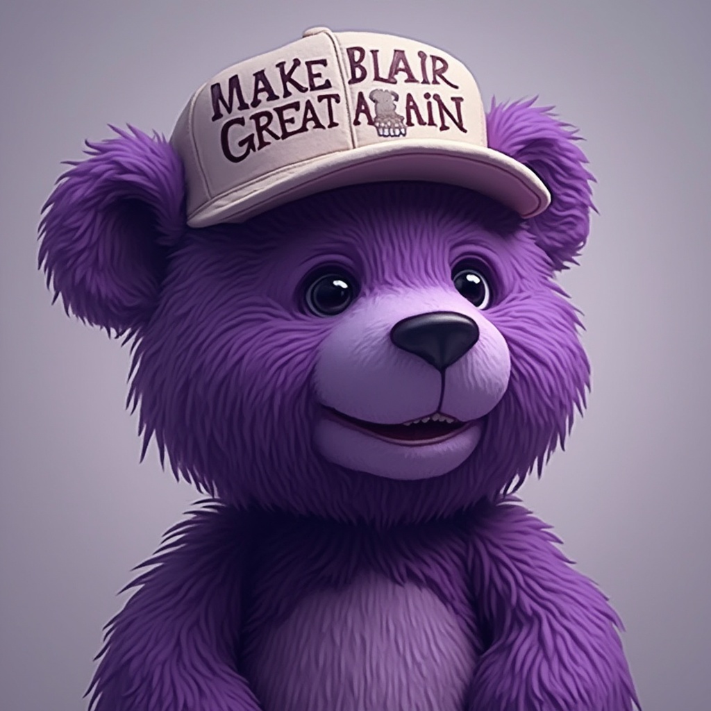AI generated image by FLUX-Realism-Lora: Purple bear wears a hat that says "Make Blair Great Again"