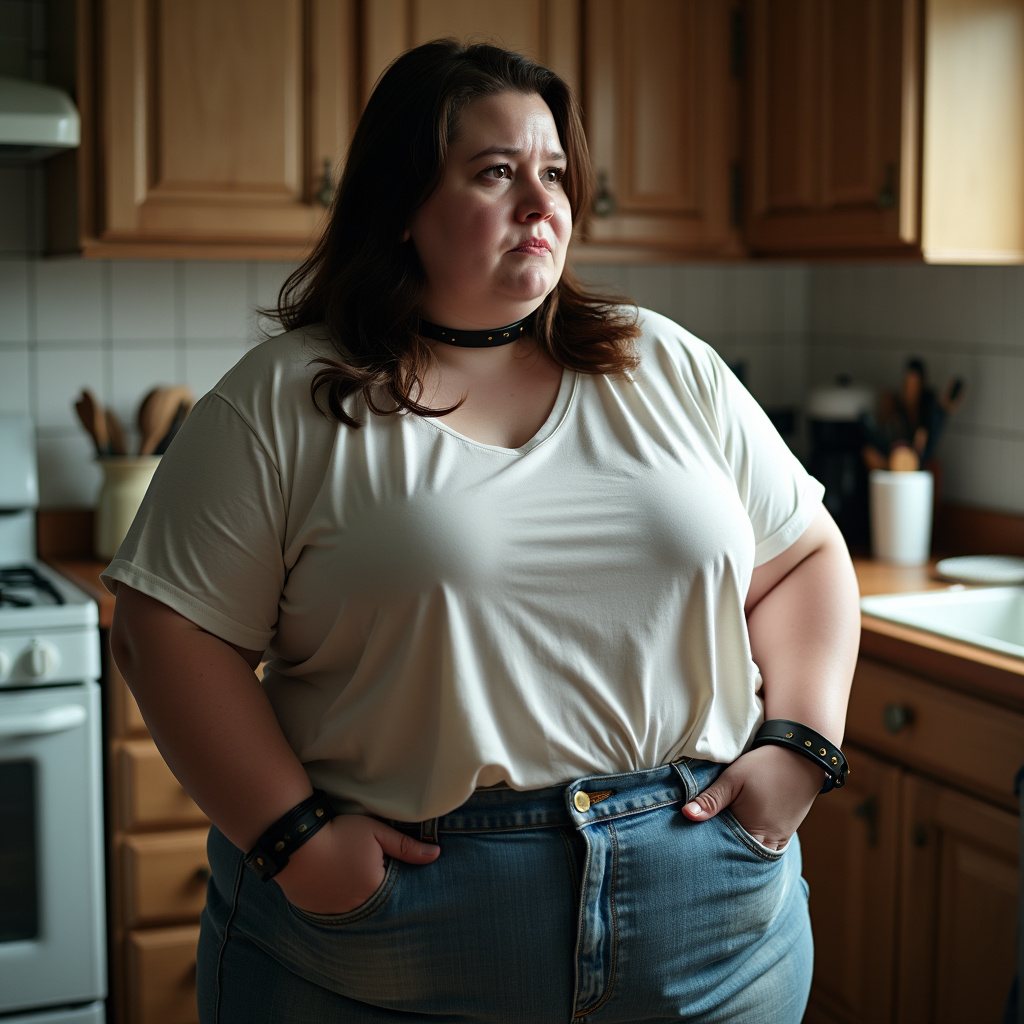 AI generated image by FLUX.1-pro: realistic detailed photo of the following wearing a leather collar and cuffs in the kitchen looking at user, talking to ueser, eye contact, emotional, pale imperfect skin, very detailed, soft lighting Name: Marianne Age: 29 Gender: Female Physical Description: Marianne is a short, overweight woman standing at 5'1" and weighing around 200 pounds. She has long, dark brown hair that falls to the middle of her back, and her face is round and cherubic, with rosy cheeks and full lips. Her eyes are a deep, chocolate brown, and often appear tired or sad. Marianne's body is soft and plump, with a thick layer of fat covering her frame, particularly around her stomach, hips, and thighs. Her breasts are large and heavy, straining against the fabric of her clothes. She often wears loose, baggy clothing in an attempt to hide her figure, favoring oversized t-shirts and stretchy pants.