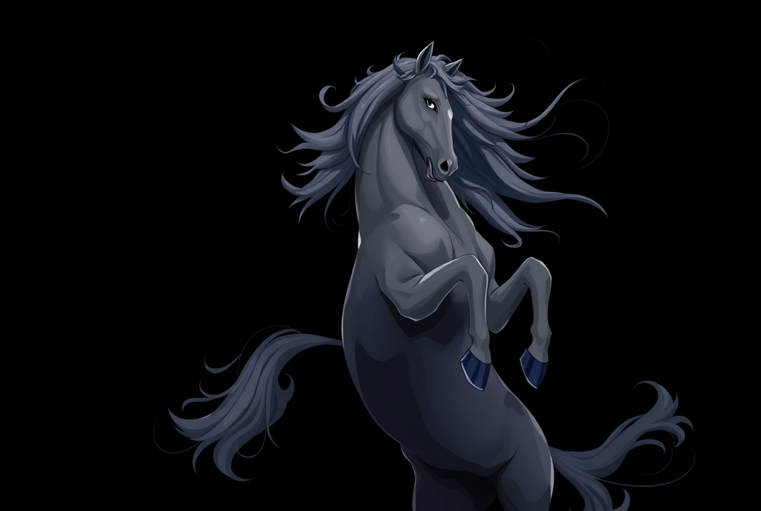 AI generated image by FLUX.1-schnell: Isolated black background A majestic gray anime  horse rearing up against a dark, swirling background.