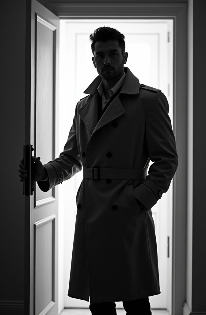 AI generated image by FLUX.1-image-to-image: black-and-white photo with the backlit dark silhouette of a handsome broad-shouldered man in a trench coat standing in a doorway coming and looking to camera. 
The man holding the door handle, as if he just entered the room.