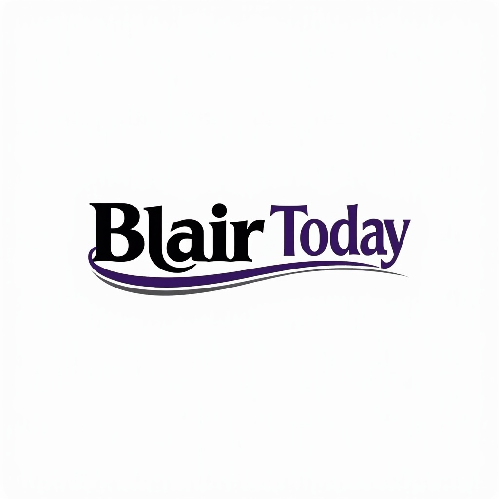 AI generated image by FLUX.1: Logo for a blair, nebraska newspaper with a newspaper or writing theme called "BlairToday".  Using colors of purple and black are good.  The logo should be on white background